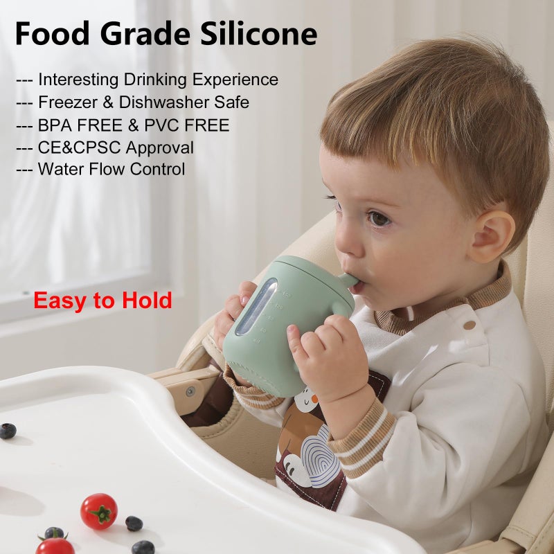 Seposeve 2 Pack Silicone Sippy Cups  Leak-Proof Baby Straw Cup for 6-12 Months  Spill Proof Toddler Cup with Straw 1-3 Years  with Capacity Marking  Non-slip Handle  Flow Control  6 oz  Green Blue - Image 3